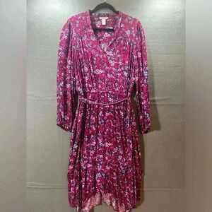 London Times V-Neck Balloon Sleeve Midi Dress Size 16 Wine Raspberry Red Pink